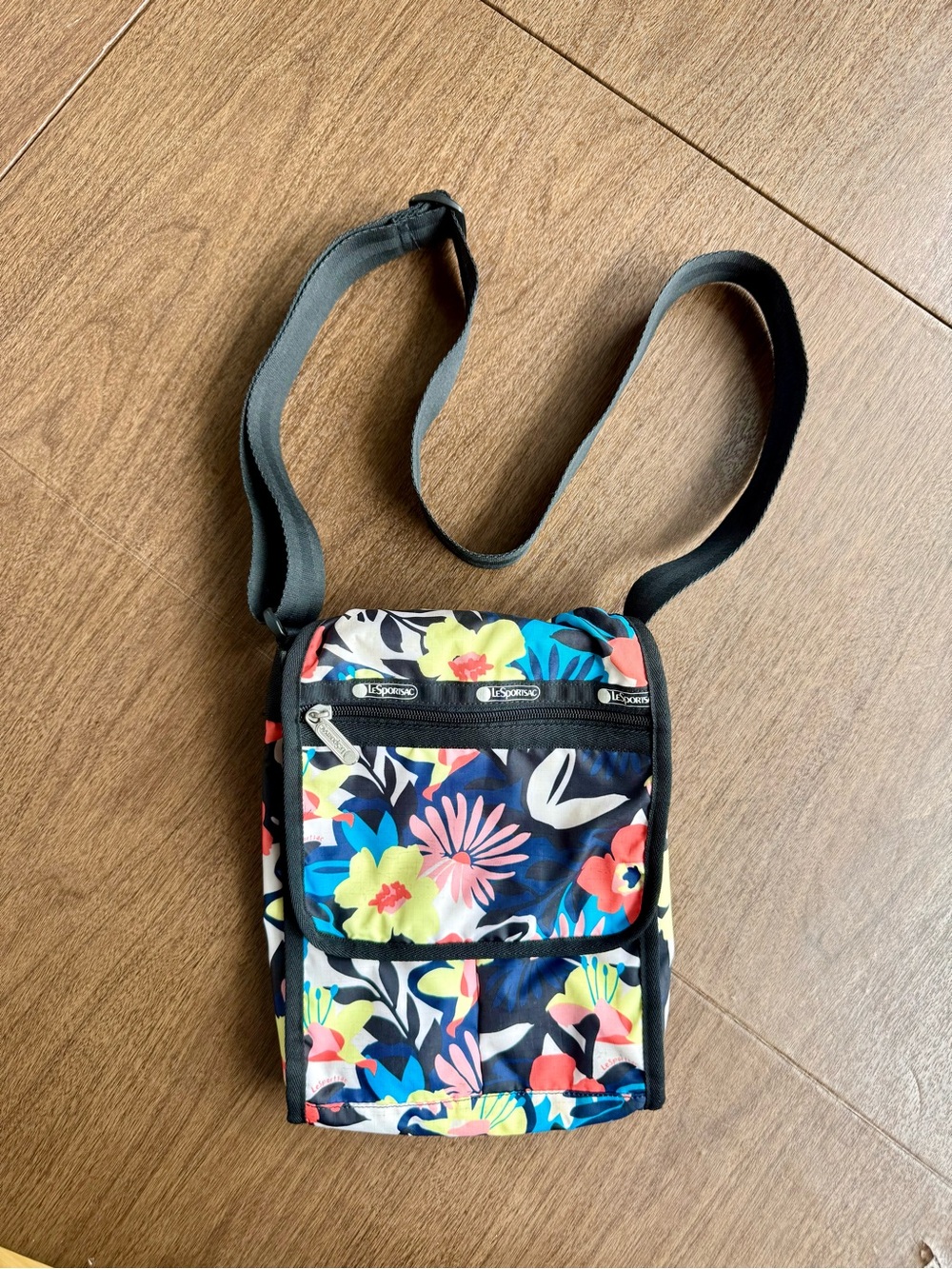 Lesportsac Navy/Black Floral Crossbody Bag with Multicolor Blooms